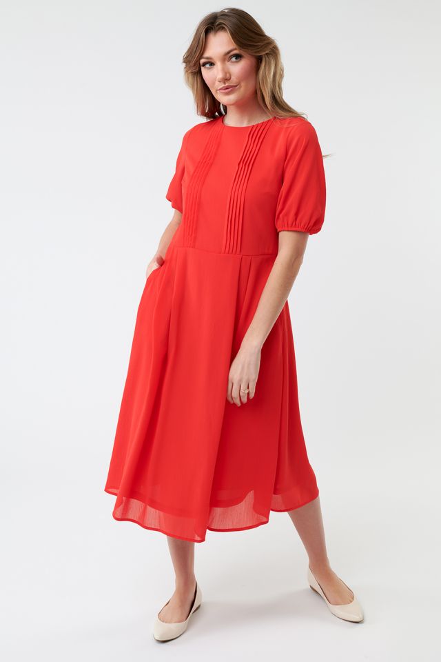 Dress Puff Sleeve Pin Tuck Tomato Red